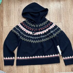 Nicole Miller navy blue fair isle hooded sweater, size large (runs small)